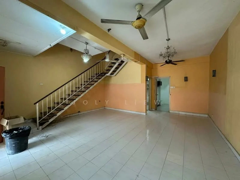 Living features: white tiled flooring, orange painted walls, cream painted walls, ceiling fan, chandelier, staircase with wooden railing, wall-mounted light fixtures, open layout.