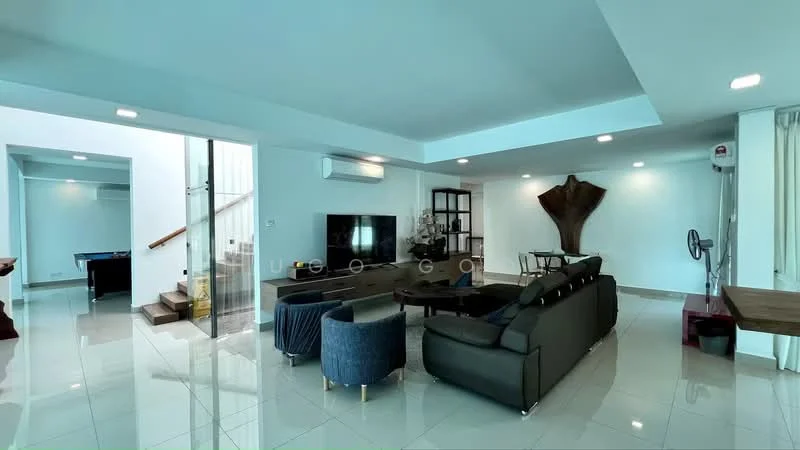 Living features: large sectional sofa in dark fabric, two accent chairs in blue fabric, coffee table, wall-mounted TV, console cabinet, recessed ceiling lights, white painted walls, glossy tile flooring, air conditioning unit, decorative wall art, open staircase, large windows, natural light; style: modern. Room features: staircase leading to upper floor, open space, additional seating area.