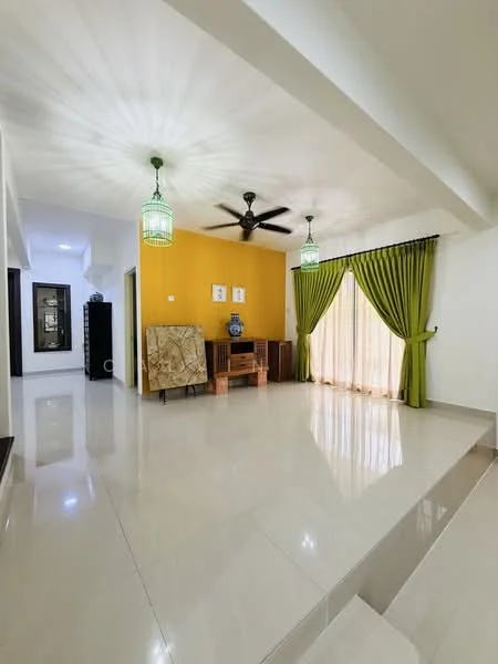 Living features: cream tiled flooring, yellow accent wall, green curtains, 5-blade ceiling fan with light, decorative pendant lights, wooden console table, upholstered armchair, large windows with sheer curtains, recessed lighting, open layout, neutral wall color, decorative wall art; style: modern.