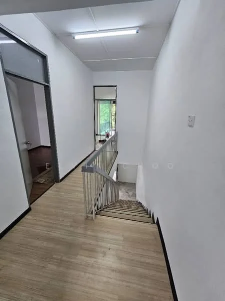Room features: laminate flooring, white painted walls, staircase with metal railing, ceiling lights, window with natural light, doorway leading to another room; style: minimalist.