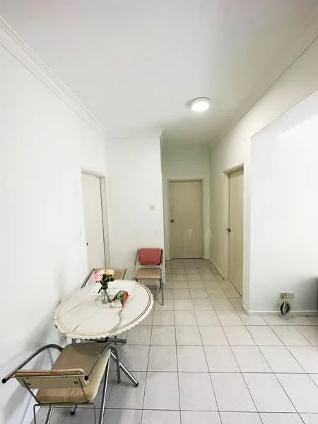 Room features: white painted walls, tile flooring, ceiling light fixture, dining table with round top, two metal chairs, doorway leading to another room, doorway leading to bathroom, decorative flower arrangement on table; style: minimalist.