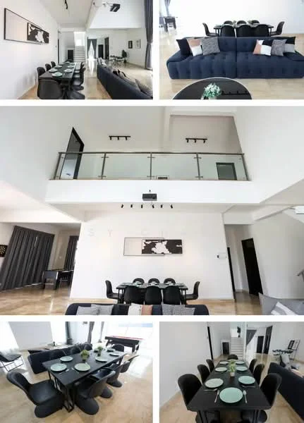 Living features: high ceiling, white painted walls, marble flooring, large windows, ceiling lights, black sectional sofa, glass railing, decorative artwork, dining table with black chairs, greenery decor; style: modern. Dining features: black dining table, black dining chairs, table setting with plates, decorative centerpiece, open layout, natural light from windows; style: modern.