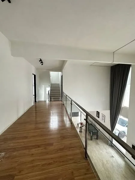 Room features: wooden flooring, white painted walls, recessed downlights, glass railing, large windows, curtains, staircase, open layout; style: modern.