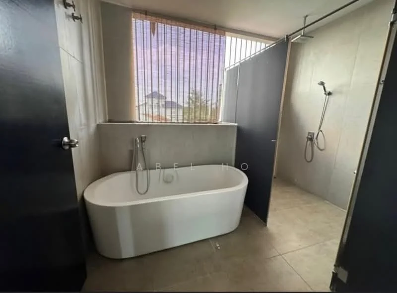 Bathroom features: freestanding bathtub, shower with handheld showerhead, grey tile flooring, concrete wall cladding, floor-to-ceiling windows with sheer blinds, modern faucet, wall-mounted shower control, sliding glass door, open layout; style: modern; view: garden.