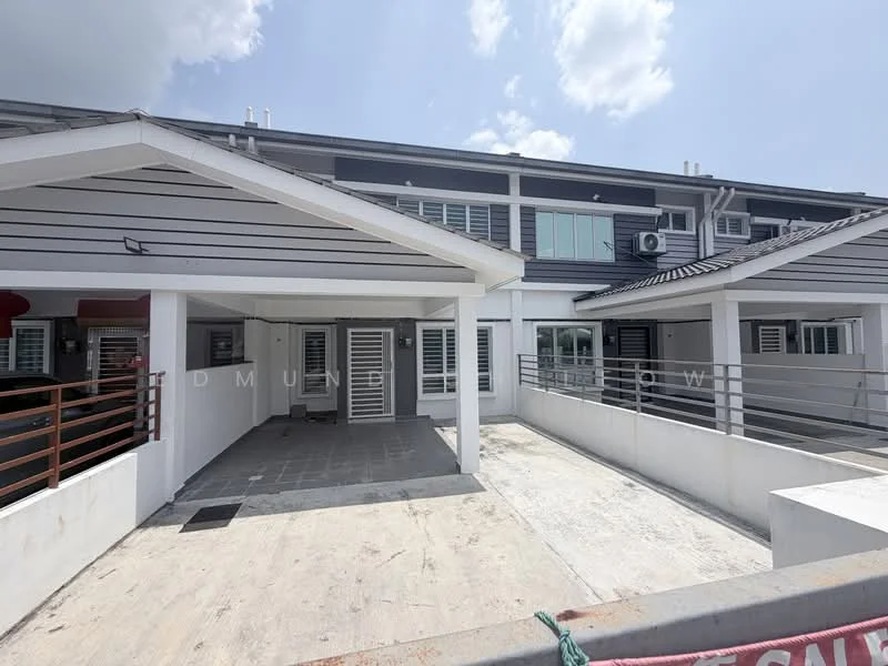 Exterior type: linked terrace house; features: grey painted facade, white painted walls, sliding glass door, metal railing, paved driveway, roof overhang, air conditioning unit visible, front porch area, two-storey structure, gated entry; style: modern.