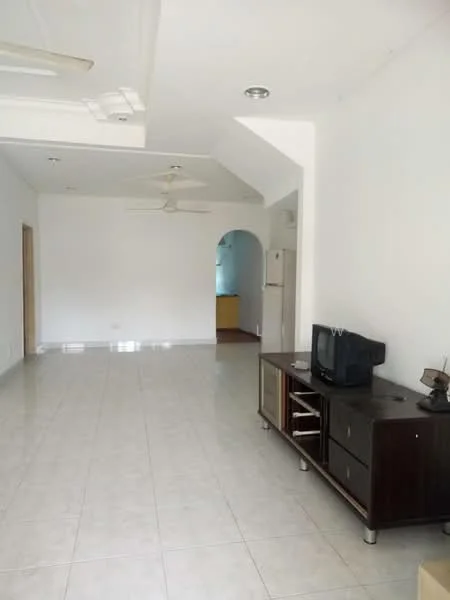 Living features: white painted walls, tile flooring, tray ceiling, 2 ceiling fans, TV console, freestanding TV, arched doorway, open layout, natural light from windows, neutral color scheme; style: modern.