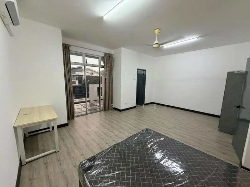 Room features: wooden flooring, white painted walls, ceiling fan, large window with sheer curtains, sliding glass door, desk, built-in wardrobe, curtains, minimalist decor; style: modern; view: garden.