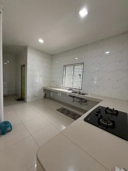 Kitchen features: white marble backsplash, light grey countertop, gas hob with two burners, white tiled walls, cream ceramic tile flooring, window with grid pattern, built-in cabinetry, open layout, recessed lighting; style: modern.