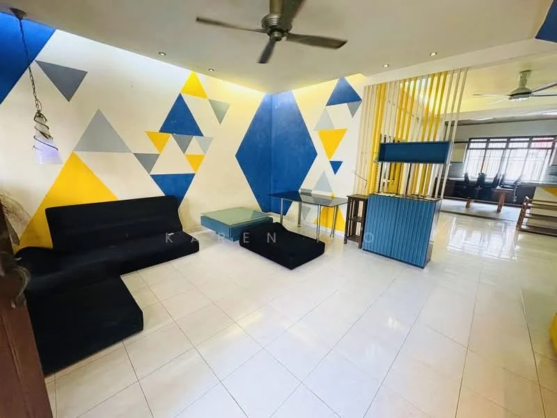 Living features: black fabric sofa, black fabric lounge chairs, geometric wall design with yellow, blue, and grey triangles, white tiled flooring, ceiling fan, recessed downlights, open layout to adjacent room, decorative partition with vertical slats; style: modern.