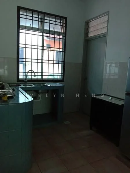 Kitchen features: single-bowl stainless-steel sink, chrome pull-down faucet, blue tiled countertop, white tiled backsplash, wooden cabinetry, floor-to-ceiling window, grid window design, ceramic tile flooring, refrigerator, door to adjacent room.