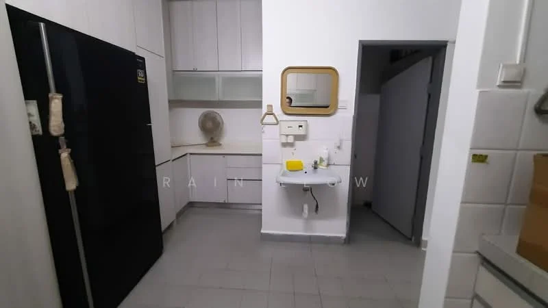 Kitchen features: black fridge, white cabinetry, light-colored countertop, wall-mounted mirror, wall-mounted fan, sink, white wall, grey floor tiles; style: modern.