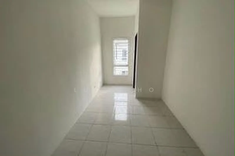 Room features: white painted walls, glossy ceramic tile flooring, single window with blinds, neutral color scheme, no visible furniture or decor; style: minimalist.