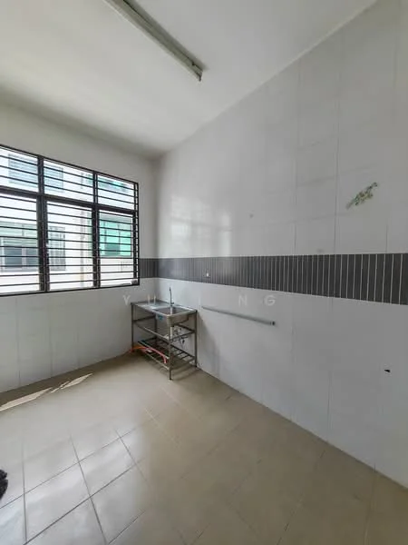 Room features: white tiled walls, grey tiled accent wall, light beige floor tiles, window with horizontal metal bars, metal shelving unit, fluorescent ceiling lights.