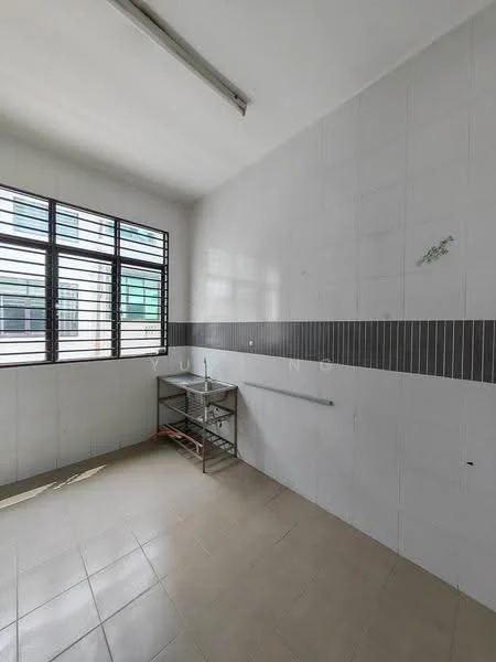 Laundry features: white tiled walls, grey accent wall, ceramic tile flooring, single window with metal grills, metal shelving unit, sink, wall-mounted drying rack, natural light from window.