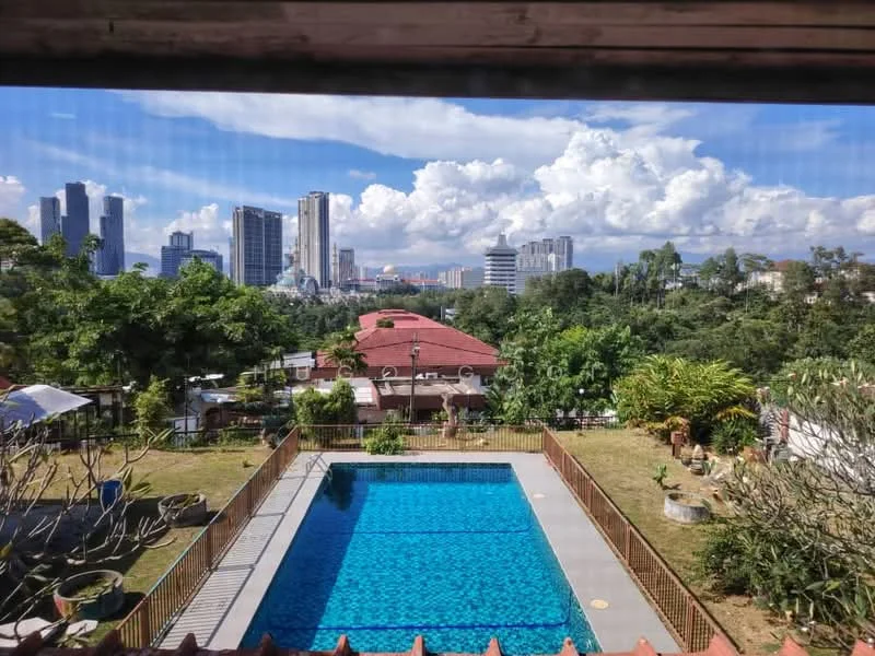 Exterior features: swimming pool, pool deck with loungers, manicured lawn, mature trees, tropical landscaping, city skyline in background, surrounded by greenery; style: modern.