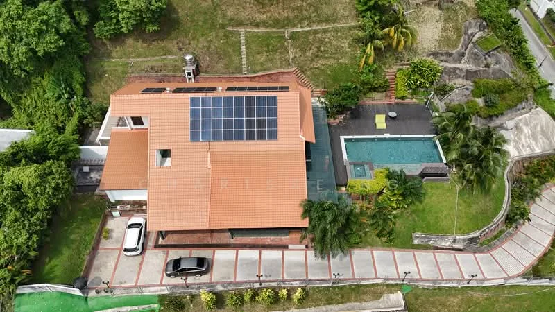 Exterior type: detached bungalow; features: red tiled roof, solar panels on roof, swimming pool, manicured lawn, paved driveway, surrounded by greenery, outdoor seating area, landscaped garden, car porch, two parked cars; style: modern.