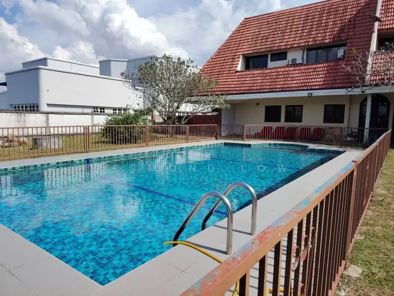 Exterior type: detached bungalow; features: swimming pool, pool deck with railing, tiled pool surface, landscaped garden, mature trees, red tiled roof, white painted facade, outdoor seating area; style: modern.