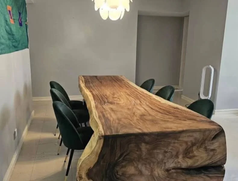 Dining features: live-edge wooden dining table, green upholstered dining chairs, pendant light fixture, grey painted walls, tile flooring; style: modern.