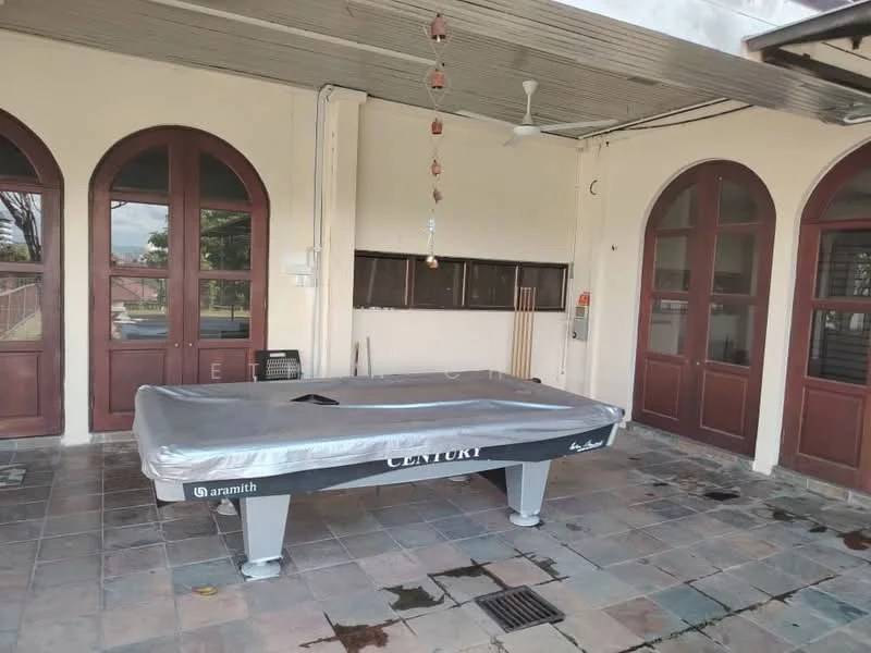 Room features: pool table with cover, ceiling fan, arched windows, wooden doors, tile flooring, exposed ceiling, wall-mounted cue rack, outdoor space, light fixtures, drainage grate; style: traditional; view: garden.