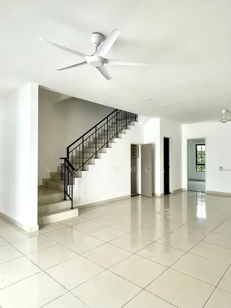 Living features: white painted walls, glossy ceramic tile flooring, 5-blade ceiling fan with light, staircase with metal railing, large windows allowing natural light, open layout, neutral color scheme, no visible furniture; style: modern.