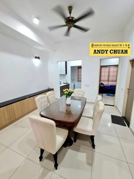 Dining features: 6-seater dining table, upholstered dining chairs in cream, white painted walls, recessed downlights, ceiling fan, tile flooring, decorative vase with flowers, wooden cabinetry, open layout to kitchen, window with blinds; style: modern.