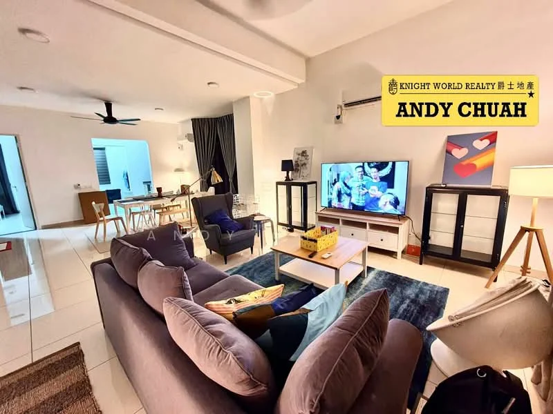 Living features: 3-seater fabric sofa in grey, 2-seater fabric sofa in purple, coffee table, TV console, wall-mounted TV, area rug with geometric pattern, ceiling fan, recessed downlights, decorative wall art, side table with lamp; style: modern. Room features: white painted walls, tile flooring, sliding glass door, curtains.