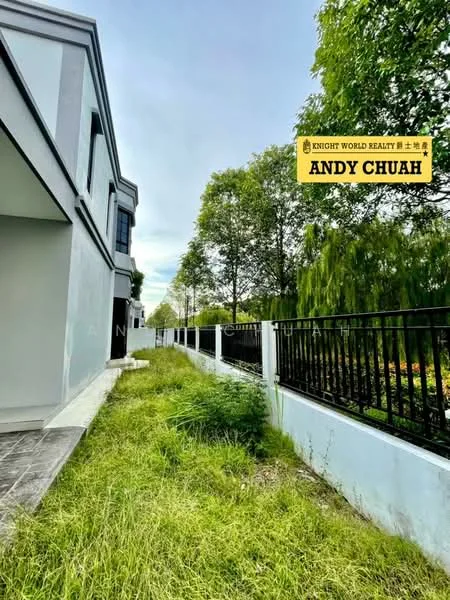 Exterior features: grey painted facade, two-storey building, manicured lawn, fence with black railings, paved walkway, surrounded by greenery; style: modern.