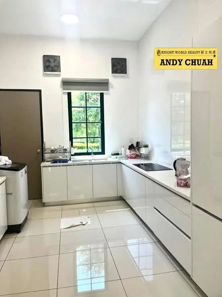 Kitchen features: white glossy cabinetry, stainless-steel sink, chrome pull-down faucet, black countertop, built-in oven, freestanding dishwasher, ceramic tile flooring, recessed downlights, window with grid pattern, kitchen window view of greenery, open shelving, decorative plants on countertop; style: modern; view: garden.