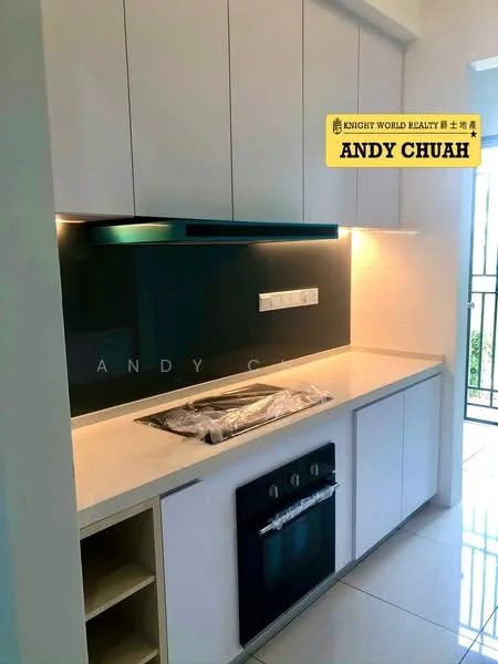 Kitchen features: white cabinetry, black countertop, glass backsplash, built-in oven, stainless-steel cooktop, under-cabinet lighting, open shelving, single-bowl stainless-steel sink, chrome pull-down faucet; style: modern.
