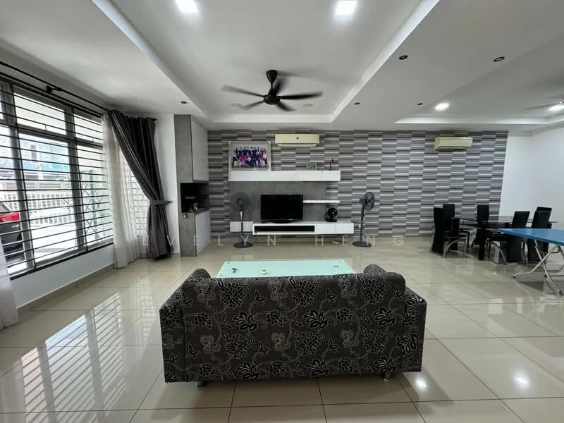 Living features: grey patterned 3-seater sofa, glass coffee table, wall-mounted TV, white entertainment unit, decorative wall with grey patterned wallpaper, 2 wall-mounted split AC units, ceiling fan with light, large windows with horizontal metal grilles, grey floor tiles, recessed ceiling lights; style: modern; view: city. Dining features: black dining table with 6 chairs, white wall, 2 wall-mounted split AC units, grey floor tiles, recessed ceiling lights; style: modern; view: city.