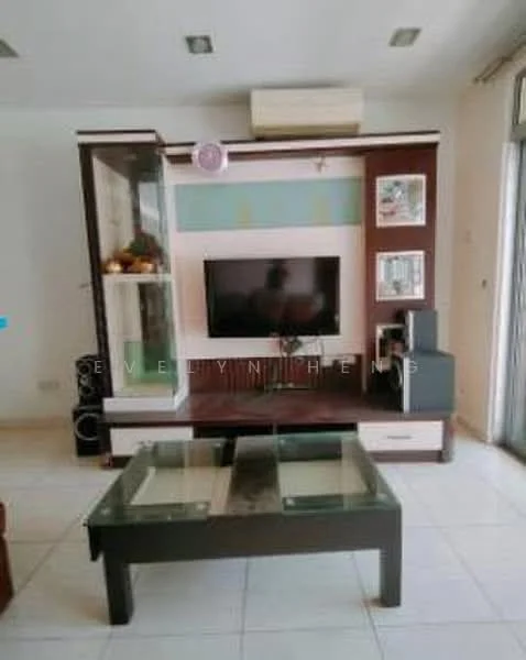Living features: wall-mounted TV, glass coffee table, wooden TV console, white cabinetry, decorative shelving, air conditioning unit, tile flooring, large windows, natural light, greenery decor; style: modern.