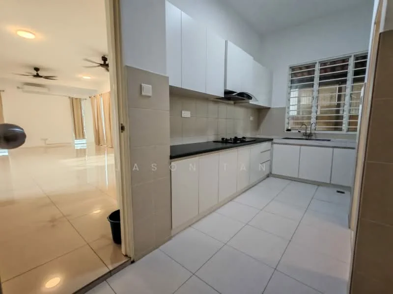 Kitchen features: white cabinetry, black countertop, stainless-steel sink, chrome pull-down faucet, 4-burner gas hob, built-in oven, wall-mounted range hood, ceramic tile flooring, recessed downlights, window with grille, open layout to living area; style: modern. Living features: large windows, cream painted walls, ceiling fan, marble tile flooring, open layout to kitchen, natural light, curtains, space for seating area; style: modern.