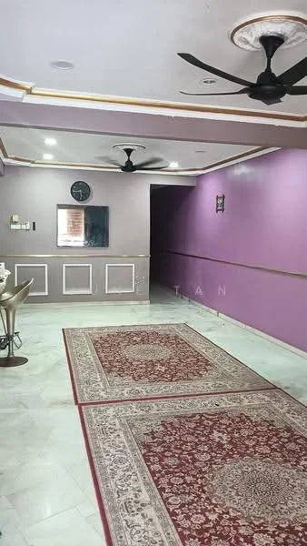 Room features: purple painted walls, white ceiling with crown moulding, marble flooring, 2 area rugs with intricate patterns, ceiling fan, wall clock, recessed lighting, dining table with chairs, decorative wall art; style: modern.