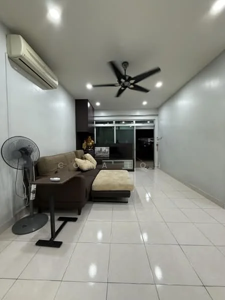 Living features: cream painted walls, white tiled flooring, 5-blade ceiling fan with light, wall-mounted air conditioning unit, sofa with chaise lounge in beige, coffee table, floor-to-ceiling windows, sliding glass door, decorative wall art, light fixtures, open layout; style: modern.