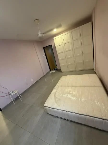 Bedroom features: pink painted walls, grey tiled flooring, built-in wardrobe with sliding doors, ceiling fan, unmade bed with mattress on the floor, single chair, door leading to hallway.