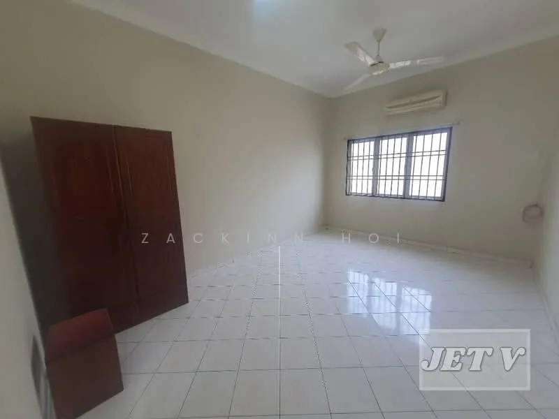 Room features: white painted walls, glossy white tile flooring, ceiling fan, window with grille, air conditioning unit, wooden wardrobe, small wooden cabinet.