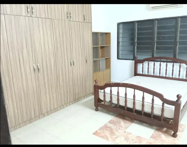 Bedroom features: single bed with wooden frame, built-in wardrobe with wood finish, shelving unit, window with black metal grille, cream tiled flooring, white painted walls, air conditioning unit on wall.
