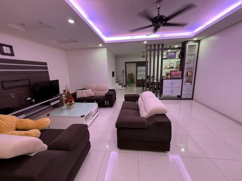 Living features: L-shape sectional sofa in dark brown and light beige, coffee table with glass top, wall-mounted TV, white painted walls, recessed ceiling with LED strip lighting, ceiling fan with light, decorative wall with vertical wooden slats, built-in display cabinet, marble tile flooring, decorative plants, framed artwork, area rug; style: modern.