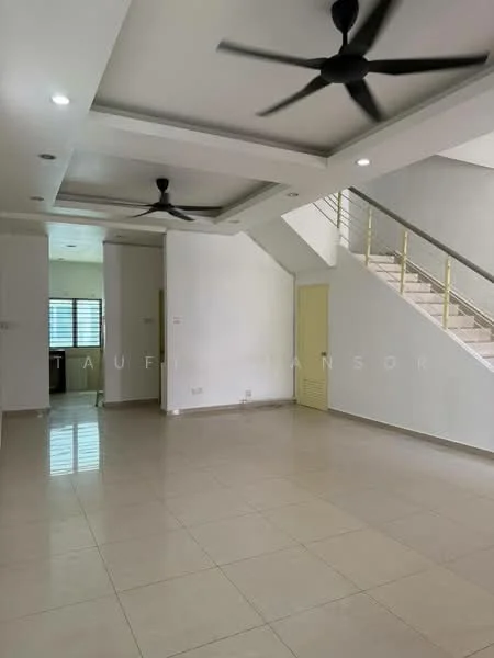 Living features: white painted walls, tile flooring, 5-blade ceiling fan with light, recessed downlights, staircase leading to upper floor, large windows for natural light, open layout, neutral color scheme; style: modern. Room features: white painted walls, tile flooring, 5-blade ceiling fan with light, recessed downlights.