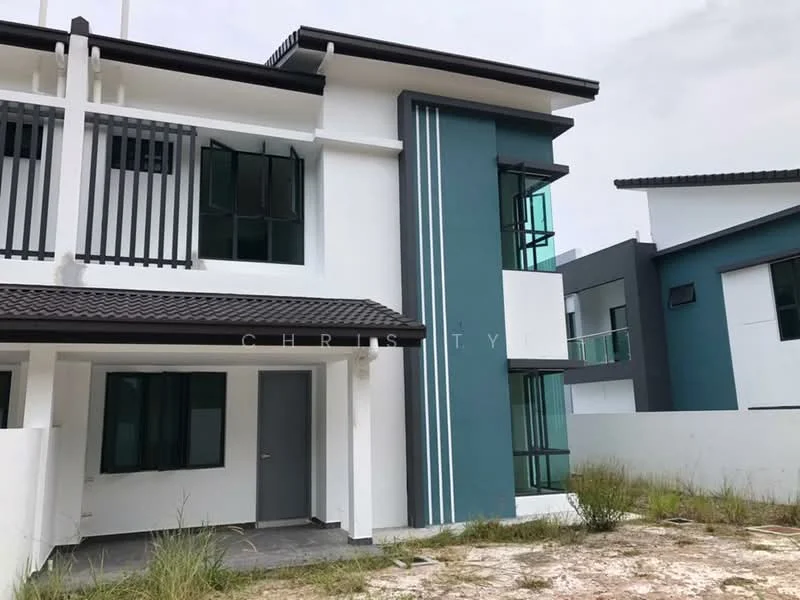 Exterior type: semi-detached house; features: white painted facade, blue accent wall, flat roof, two-storey structure, large windows, sliding glass doors, manicured lawn, concrete pathway, minimalist design, vertical fins on facade; style: modern.