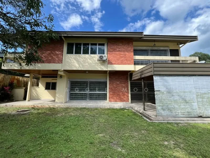 Exterior type: detached bungalow; features: red brick facade, cream painted facade, flat roof, approximately 2-storey, manicured lawn, concrete pathway, air conditioning unit visible, balcony with railing, large windows, grilled security gates; style: modern.