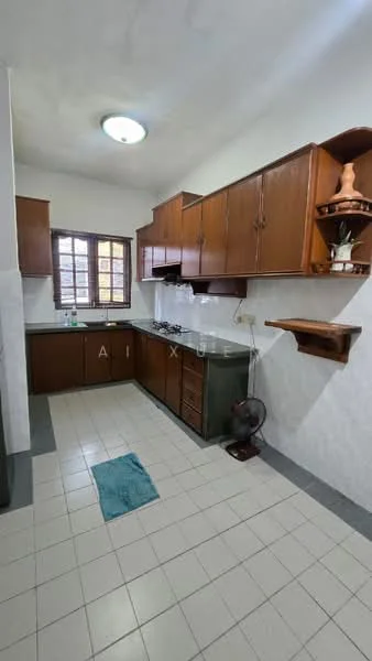 Kitchen features: brown wooden cabinetry, white tiled backsplash, black countertop, single-bowl stainless-steel sink, chrome pull-down faucet, built-in gas stove, exhaust hood, window with grid design, white painted walls, tile flooring, ceiling light fixture, wall-mounted shelf; style: traditional.