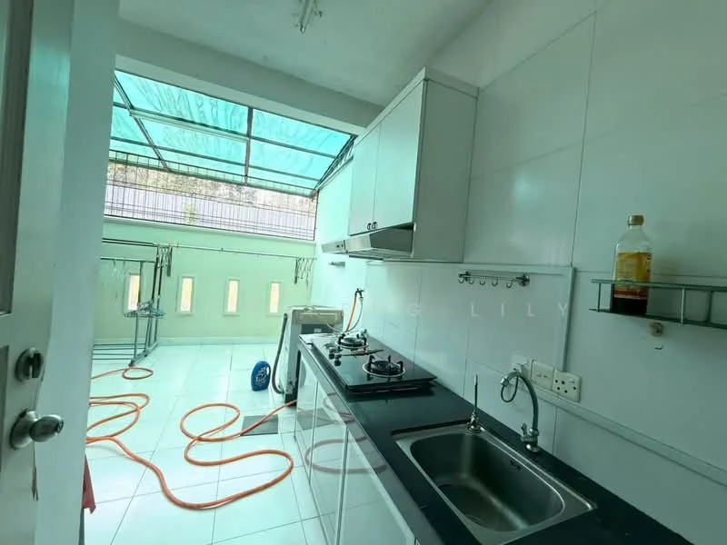 Kitchen features: white tiled walls, white cabinetry, black countertop, single-bowl stainless-steel sink, chrome pull-down faucet, 4-burner gas hob, built-in washing machine, floor-to-ceiling windows, sliding glass door, white ceramic tile flooring, overhead lighting, open shelving; style: modern; view: garden.