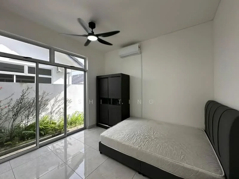 Bedroom features: queen-size bed, 5-blade ceiling fan with light, floor-to-ceiling windows, sliding glass door, white painted walls, glossy tile flooring, built-in wardrobe, air conditioning unit, view of garden; style: modern; view: garden.