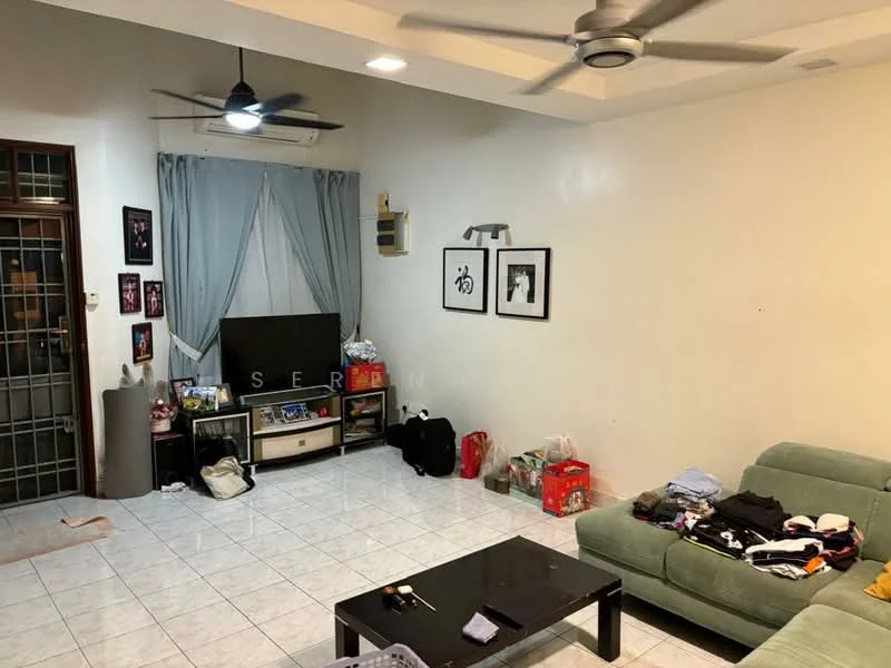 Living features: light green fabric sofa, black coffee table, wall-mounted TV, TV console, 5-blade ceiling fan with light, wall-mounted air conditioning unit, white painted walls, ceramic tile flooring, curtains, decorative wall art, various bags and items on the floor.