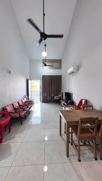 Living features: white painted walls, high ceiling, marble tile flooring, 5-blade ceiling fan, recessed downlights, sliding glass door, curtains, TV console, wall-mounted TV, dining table with chairs, 2-seater fabric sofa, 3-seater fabric sofa, plastic chairs, decorative wall art; style: modern.
