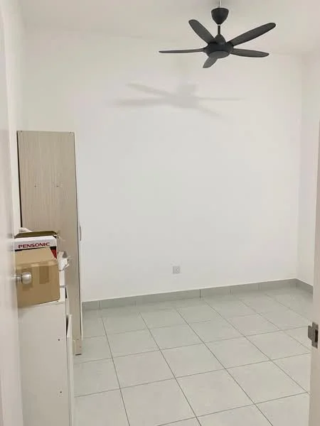 Room features: white painted walls, tile flooring, ceiling fan, built-in wardrobe, window with no visible treatment, light switch, door, empty space; style: minimalist.