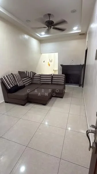 Living features: L-shape sectional sofa in brown fabric, striped accent cushions, ceiling fan, recessed downlights, cream painted walls, glossy tile flooring, wall-mounted decor, fireplace, neutral color palette; style: modern.