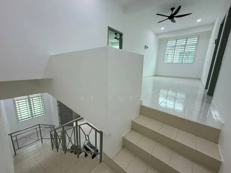 Room features: white painted walls, tile flooring, 5-blade ceiling fan, staircase with metal railing, large windows, natural light, open layout, neutral color scheme; style: modern.