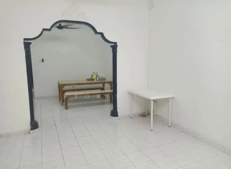 Room features: white painted walls, white tiled flooring, arched doorway, ceiling fan, dining table, additional table, minimalist decor; style: minimalist.